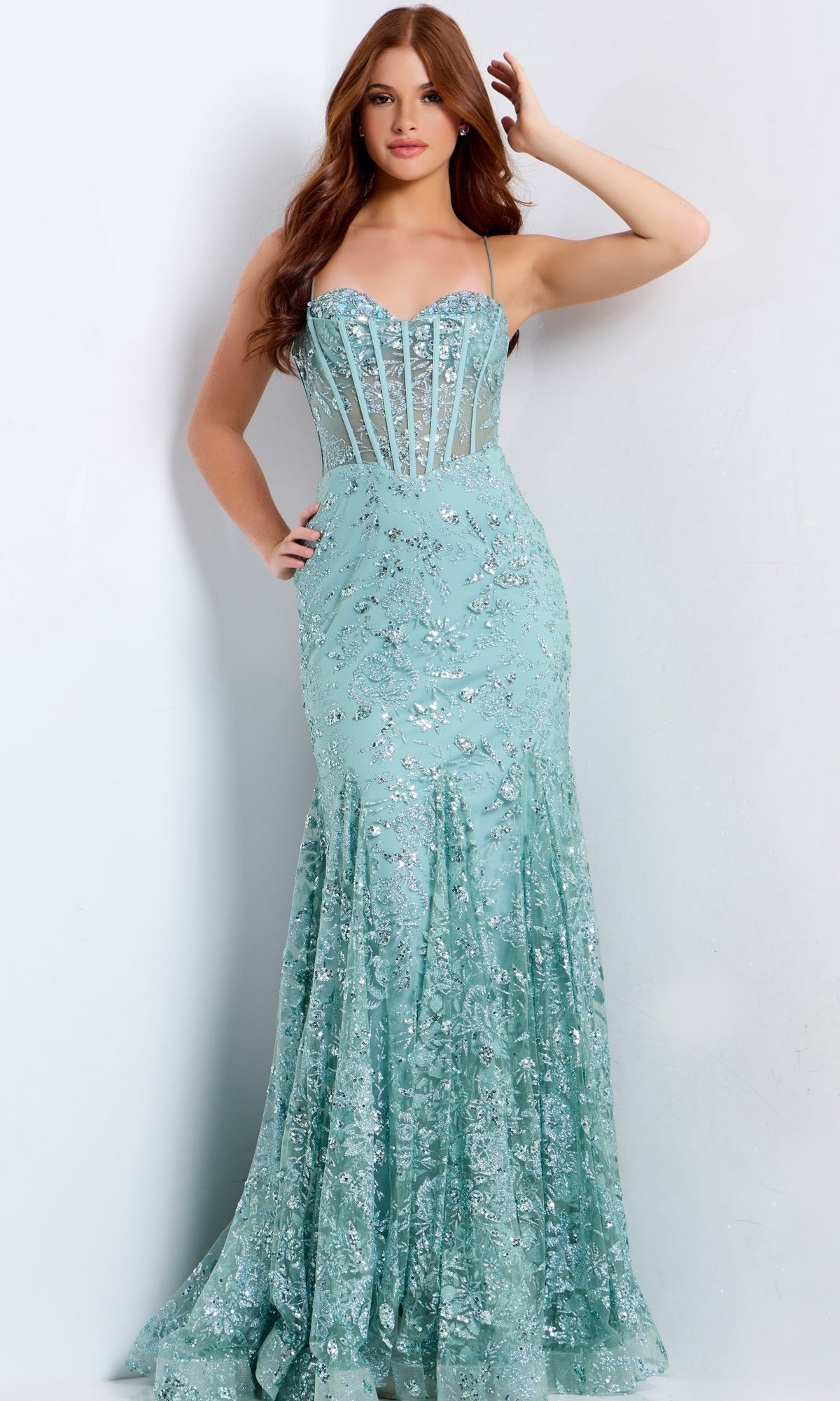 Jovani 45759 sage green floor-length dress with a sequin floral corset bodice and a mermaid silhouette.